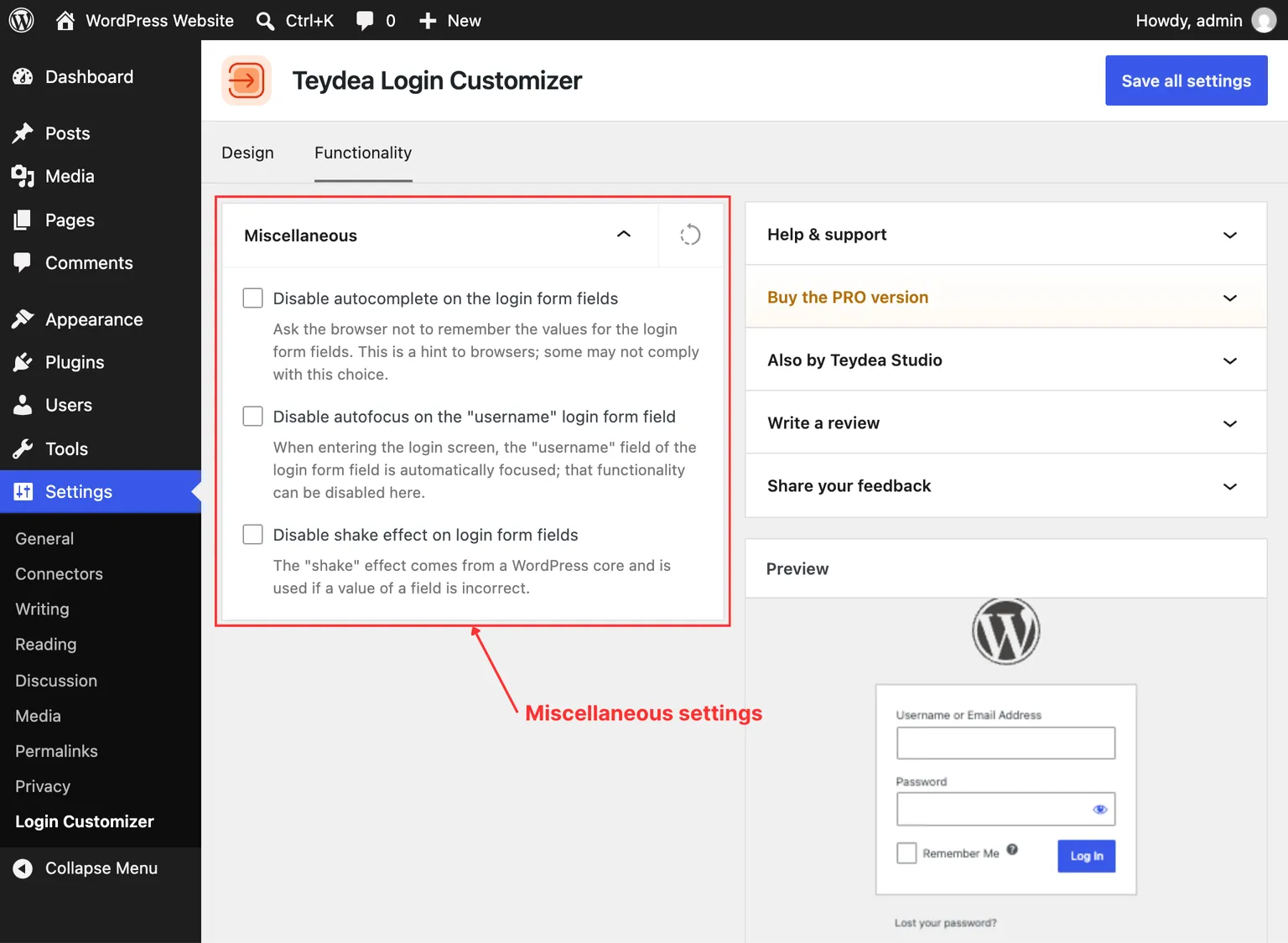 Functionality tab with Miscellaneous panel