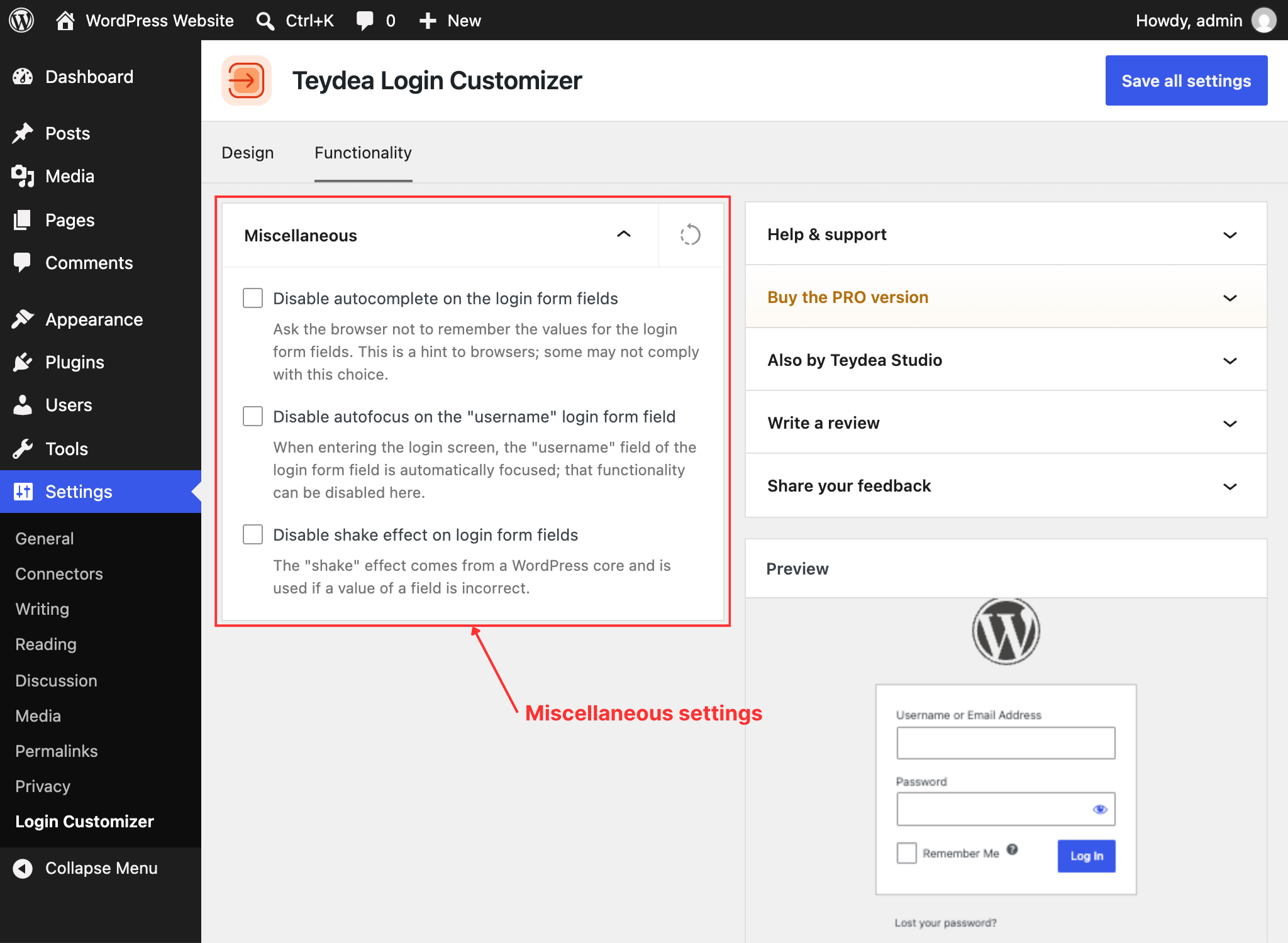 Functionality tab with Miscellaneous panel