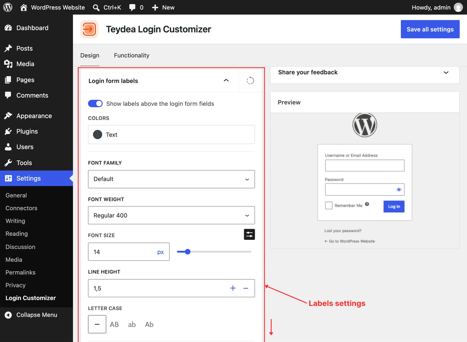 Labels panel showing per-language text fields