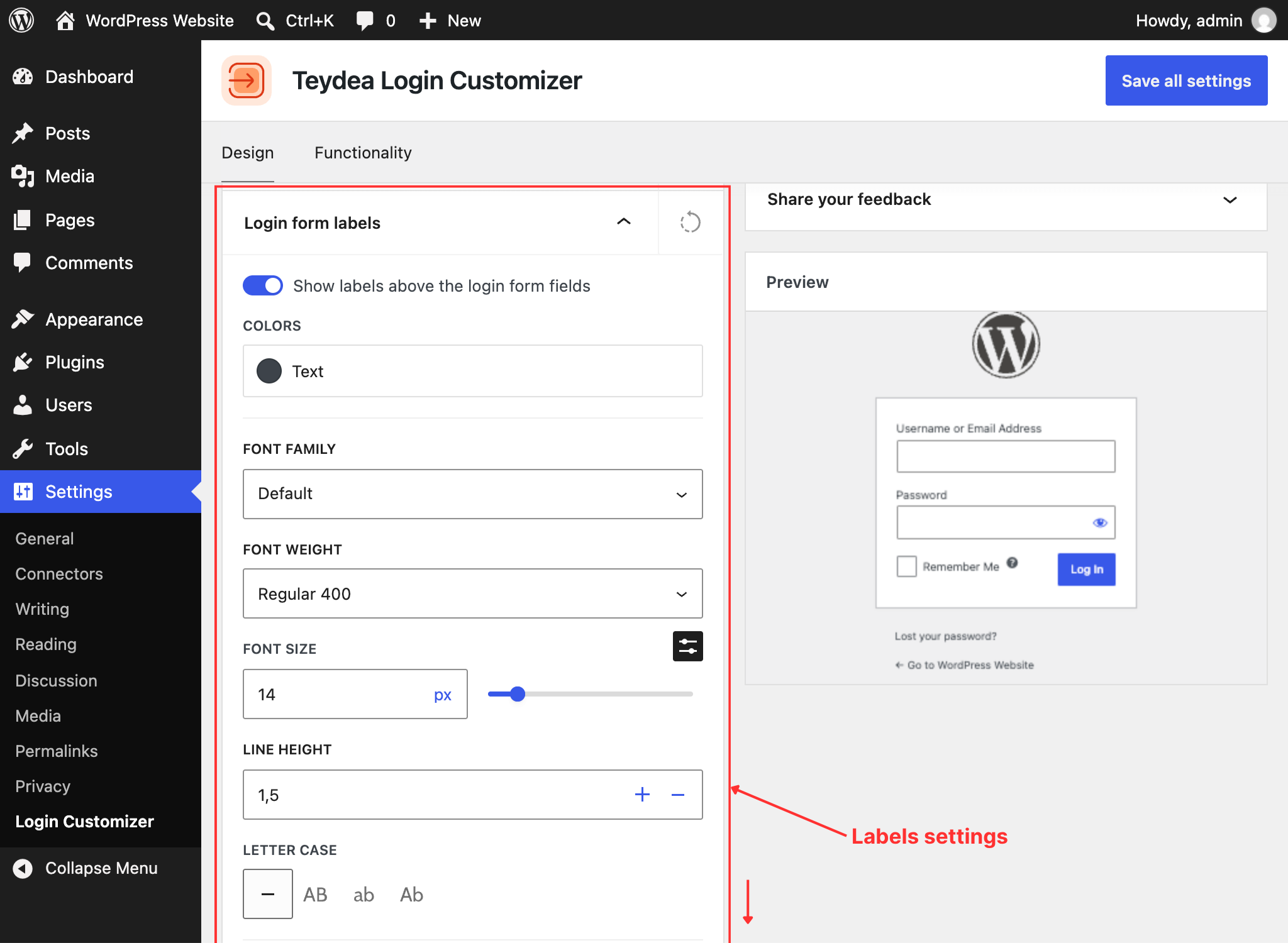 Labels panel showing per-language text fields