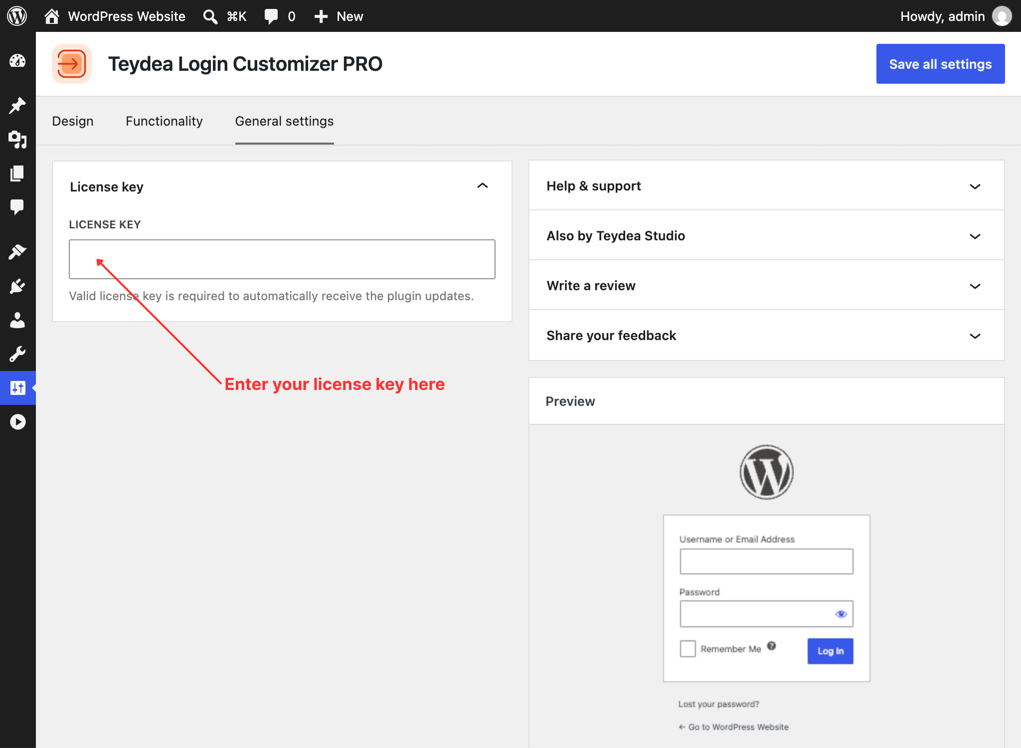 License key panel on the General settings tab