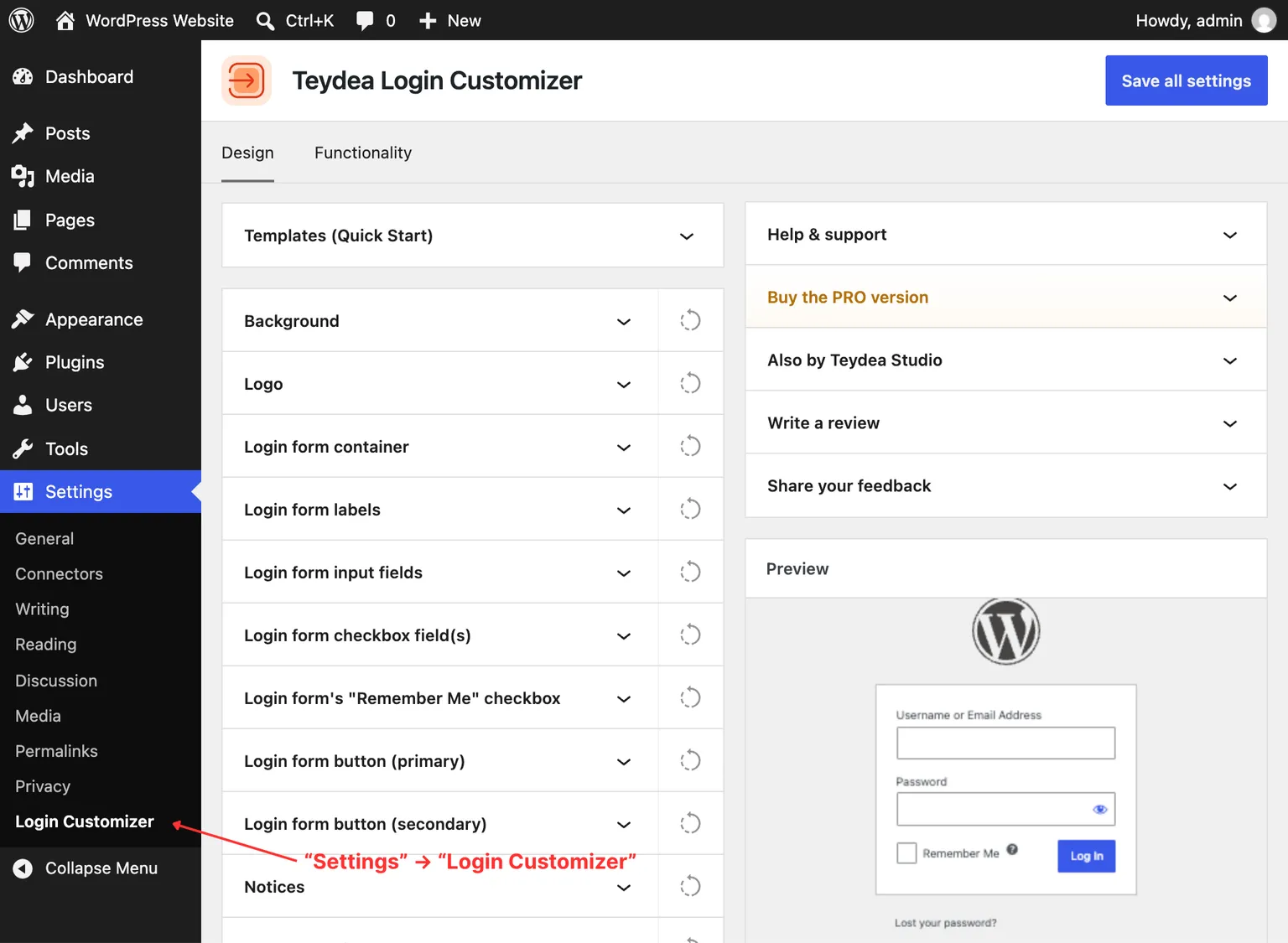 Settings page with live preview
