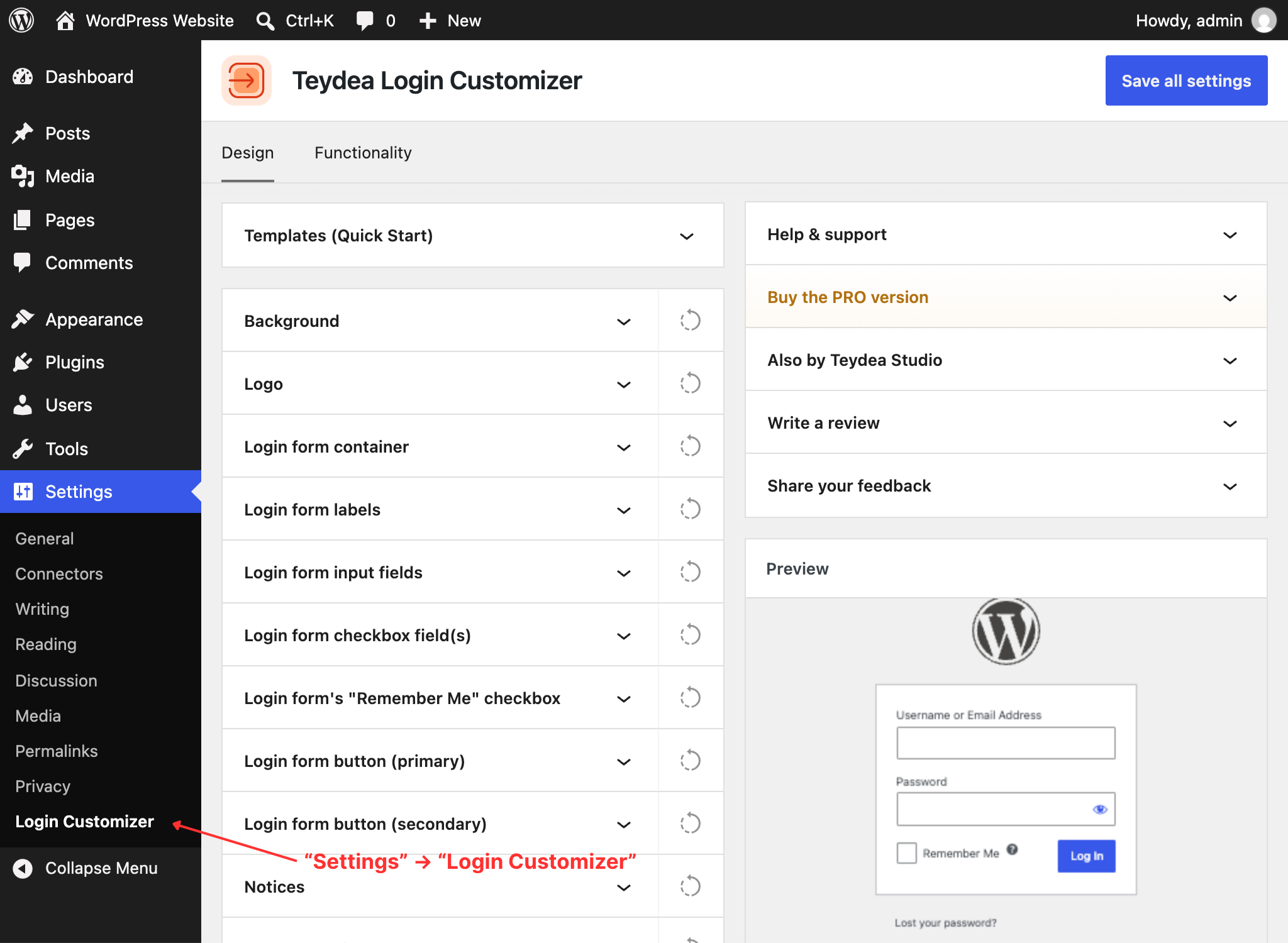 The Login Customizer settings page after activation