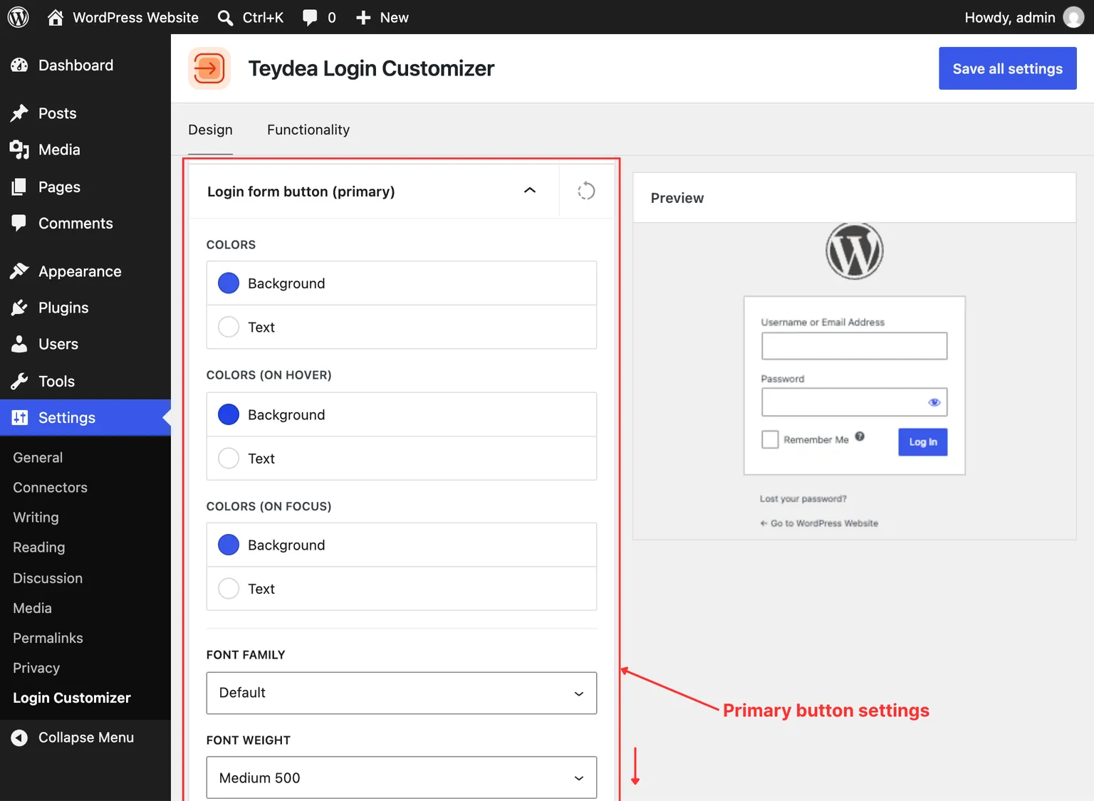 Primary button settings panel