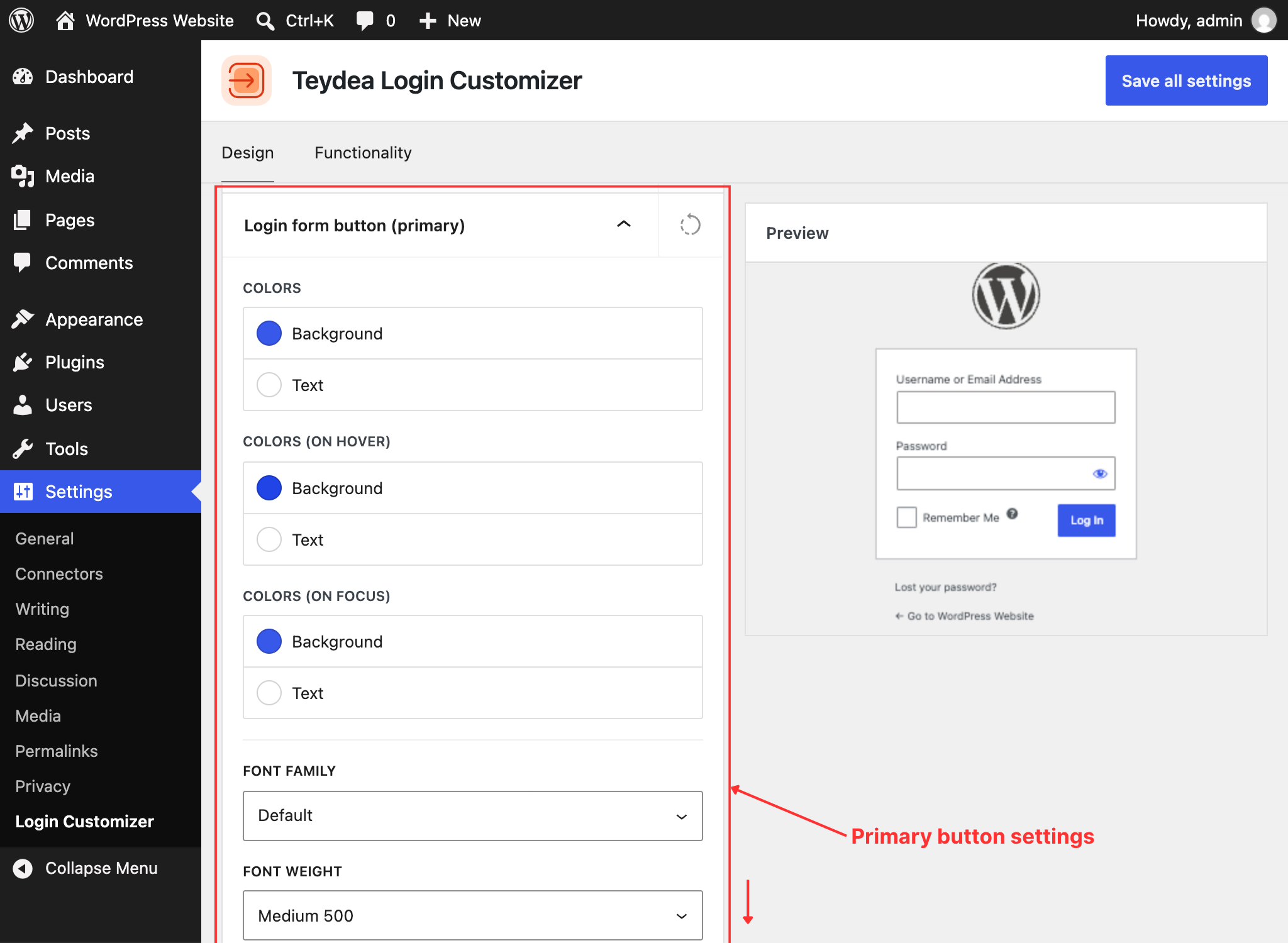 Primary button settings panel
