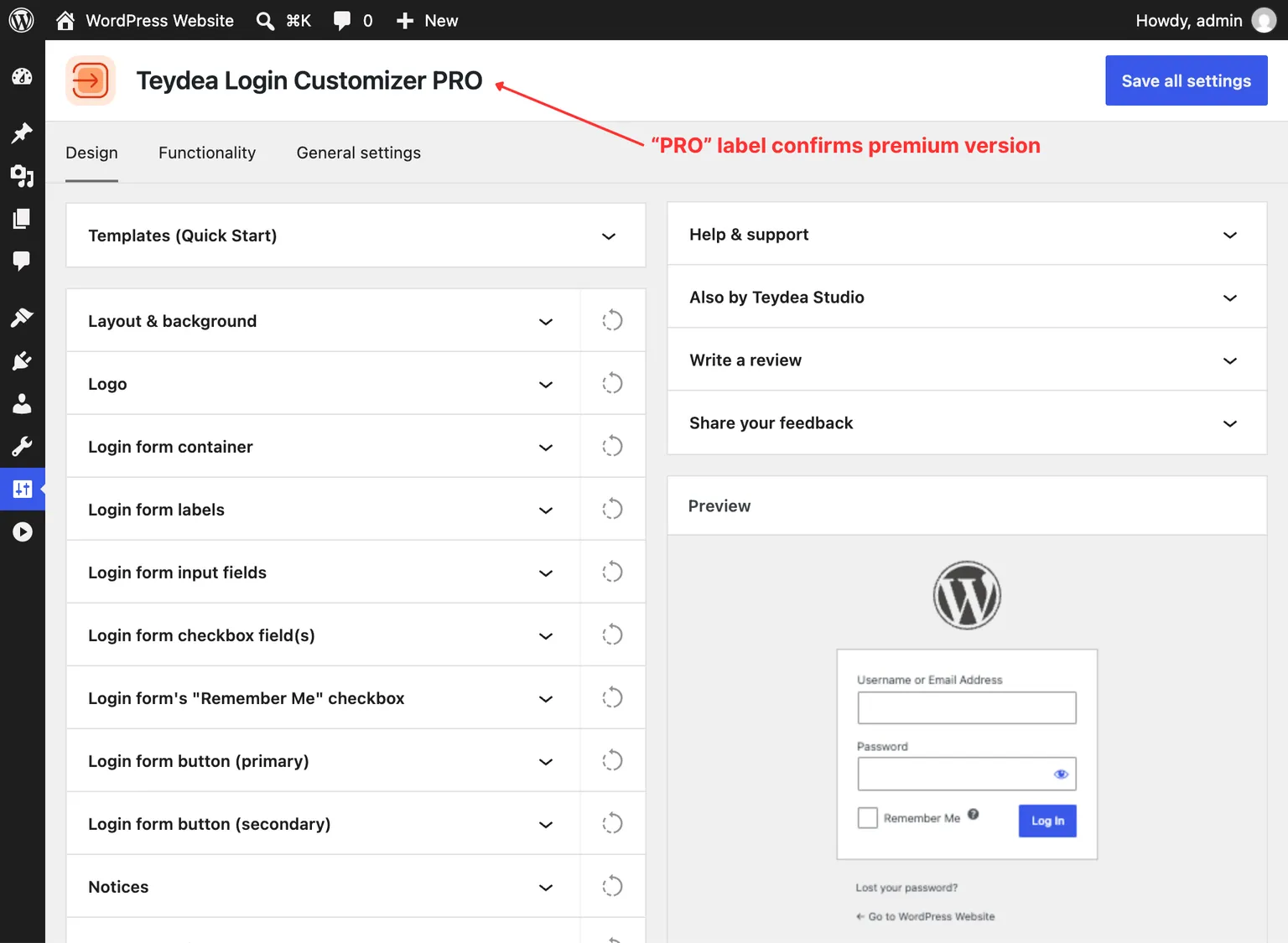 Settings page with PRO label