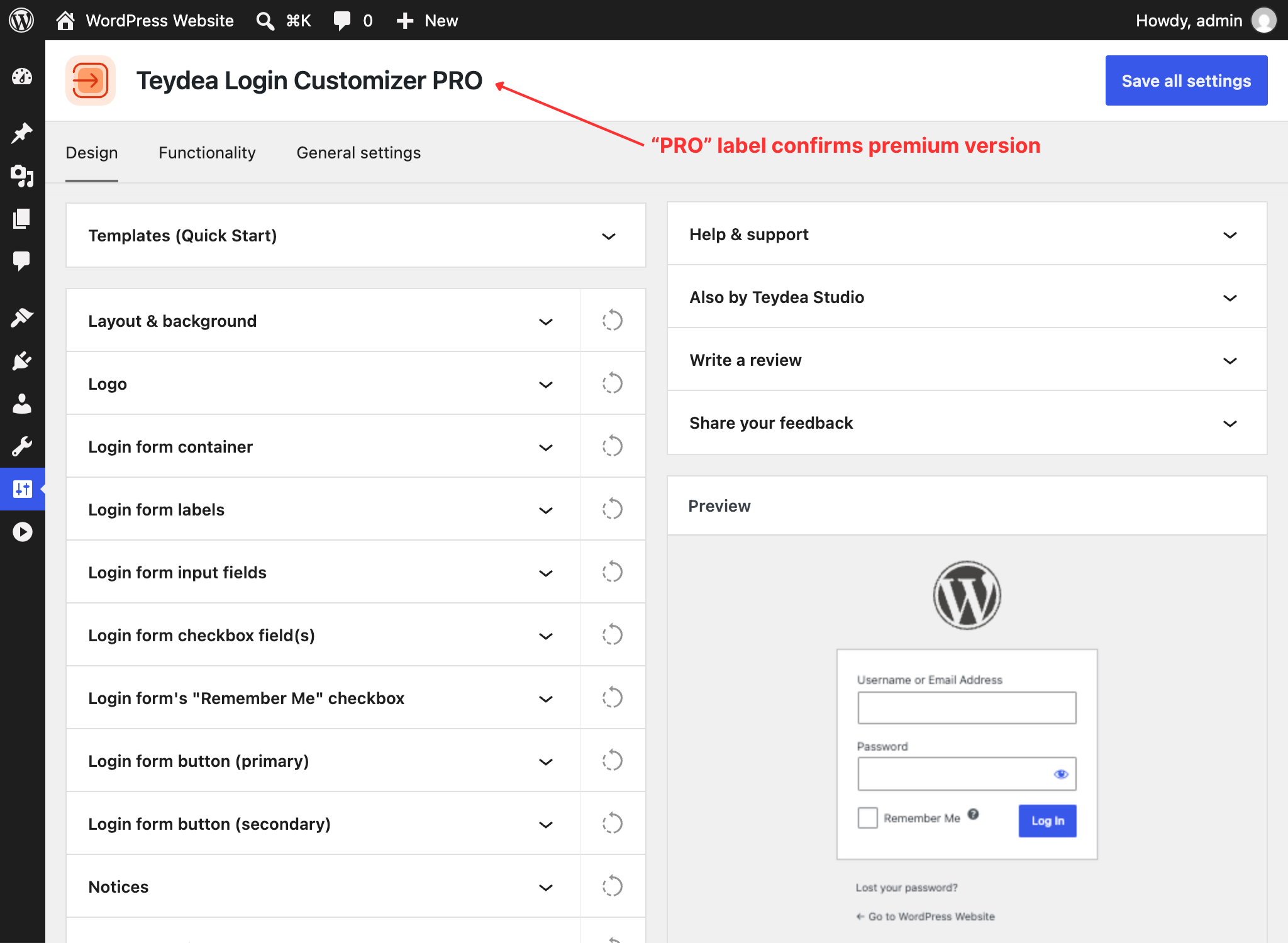 Settings page with PRO label