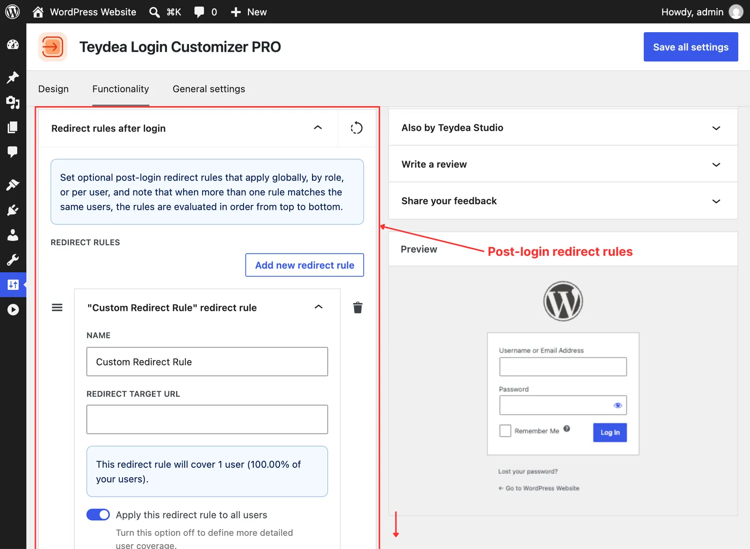 Redirect rules panel