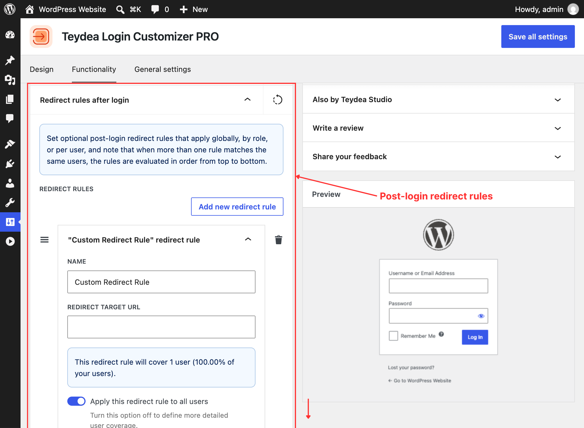 Redirect rules panel