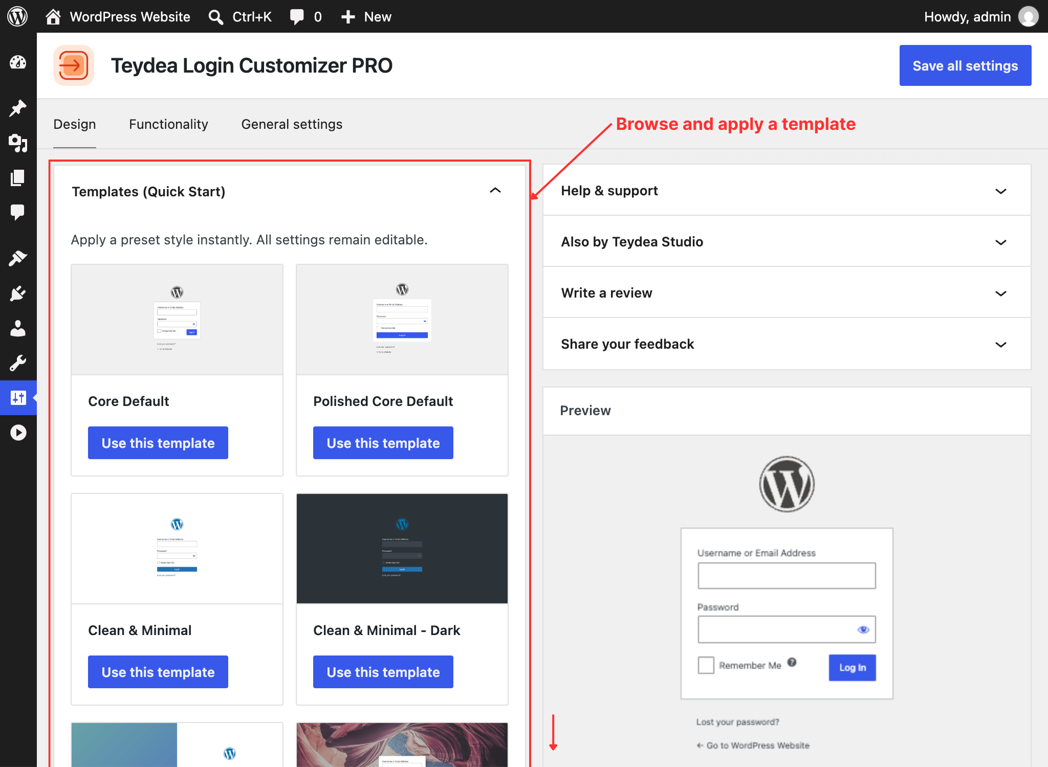 Templates panel with available designs