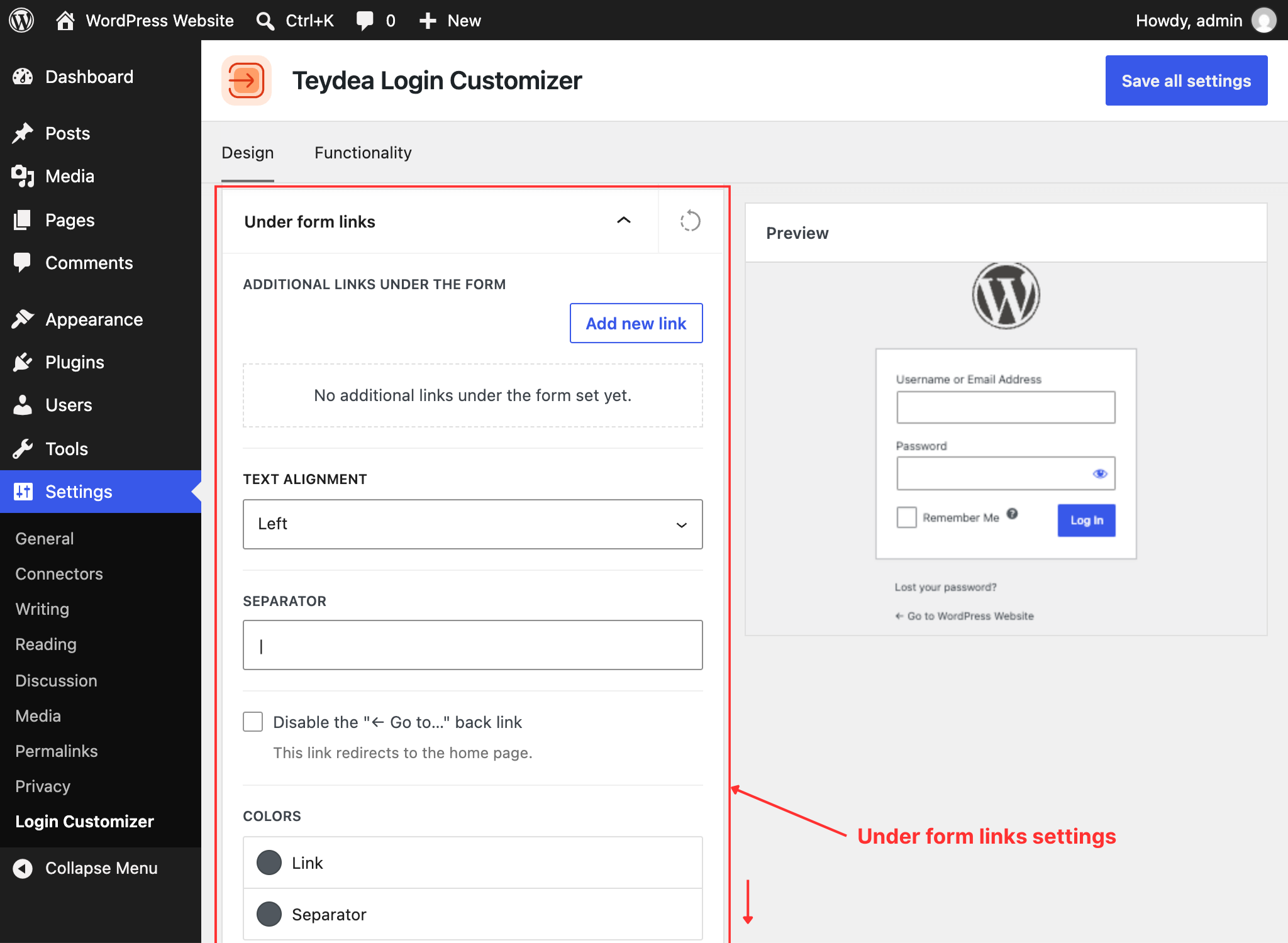 Under-form links panel