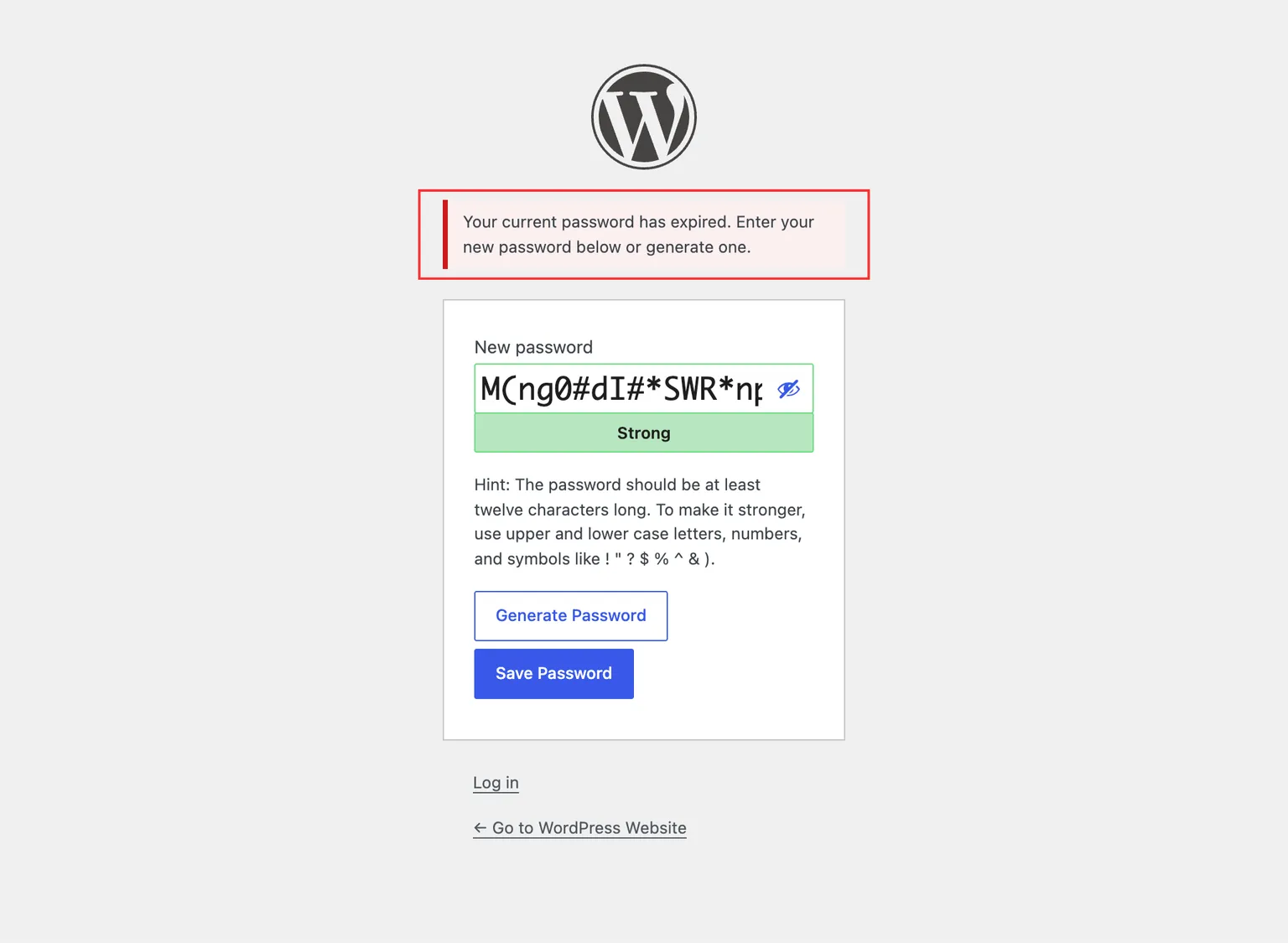 The password reset form shown after an expired password