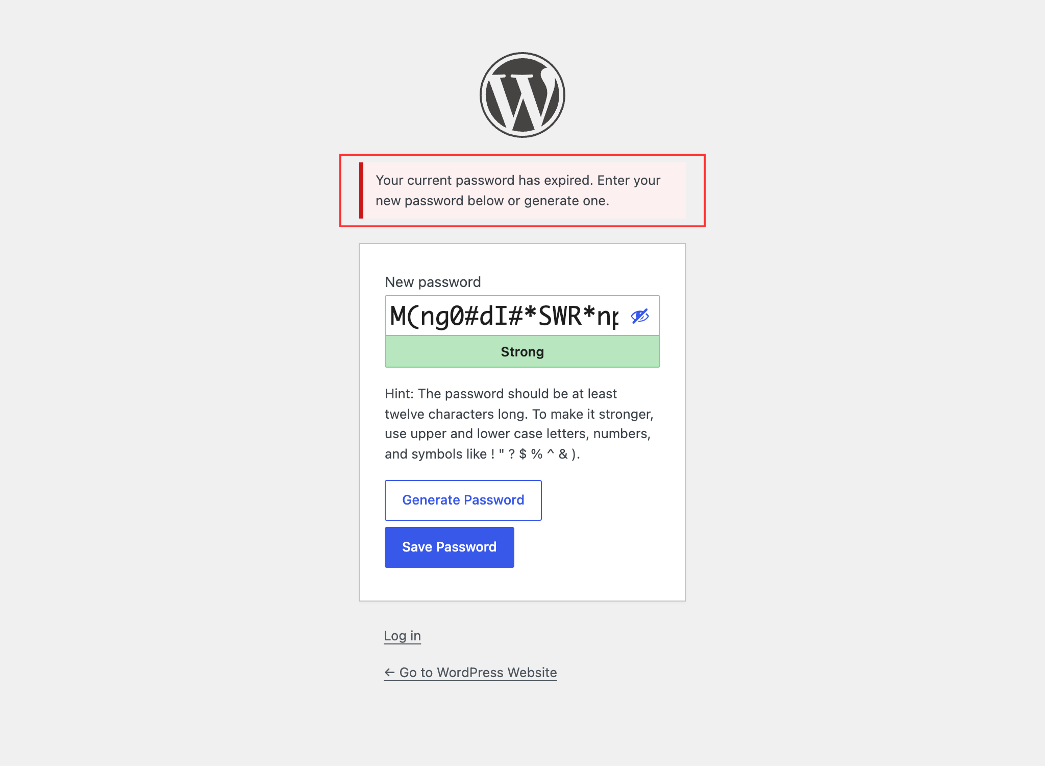 The password reset form shown after an expired password
