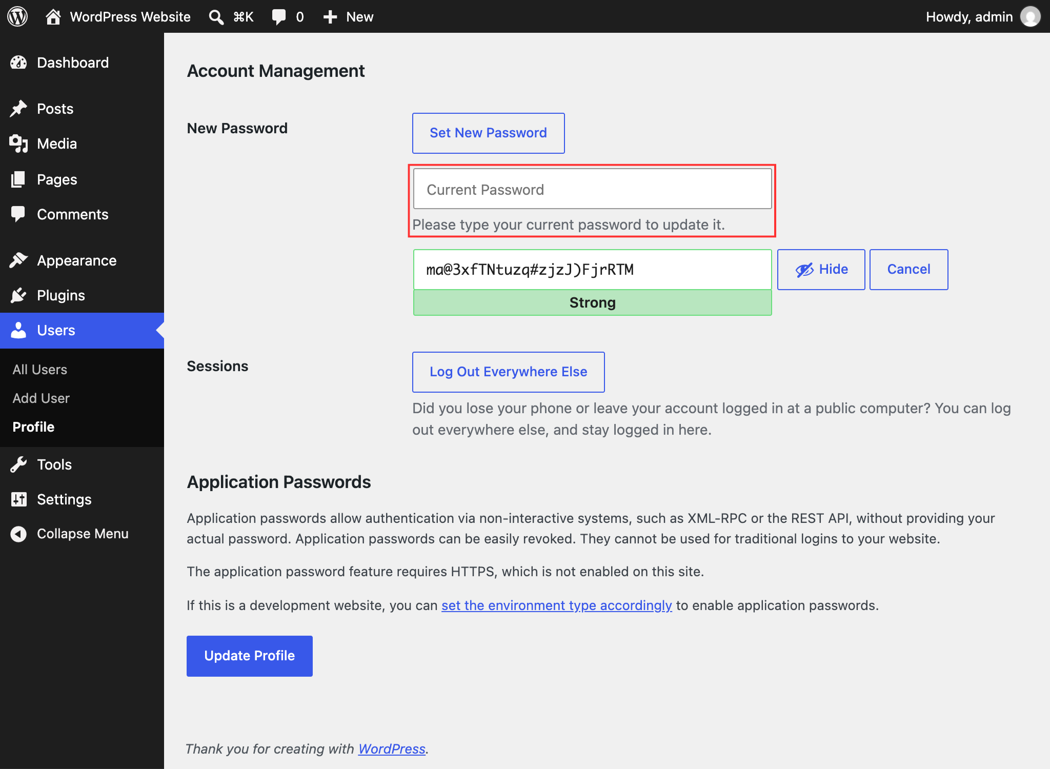 Current password field on the profile page