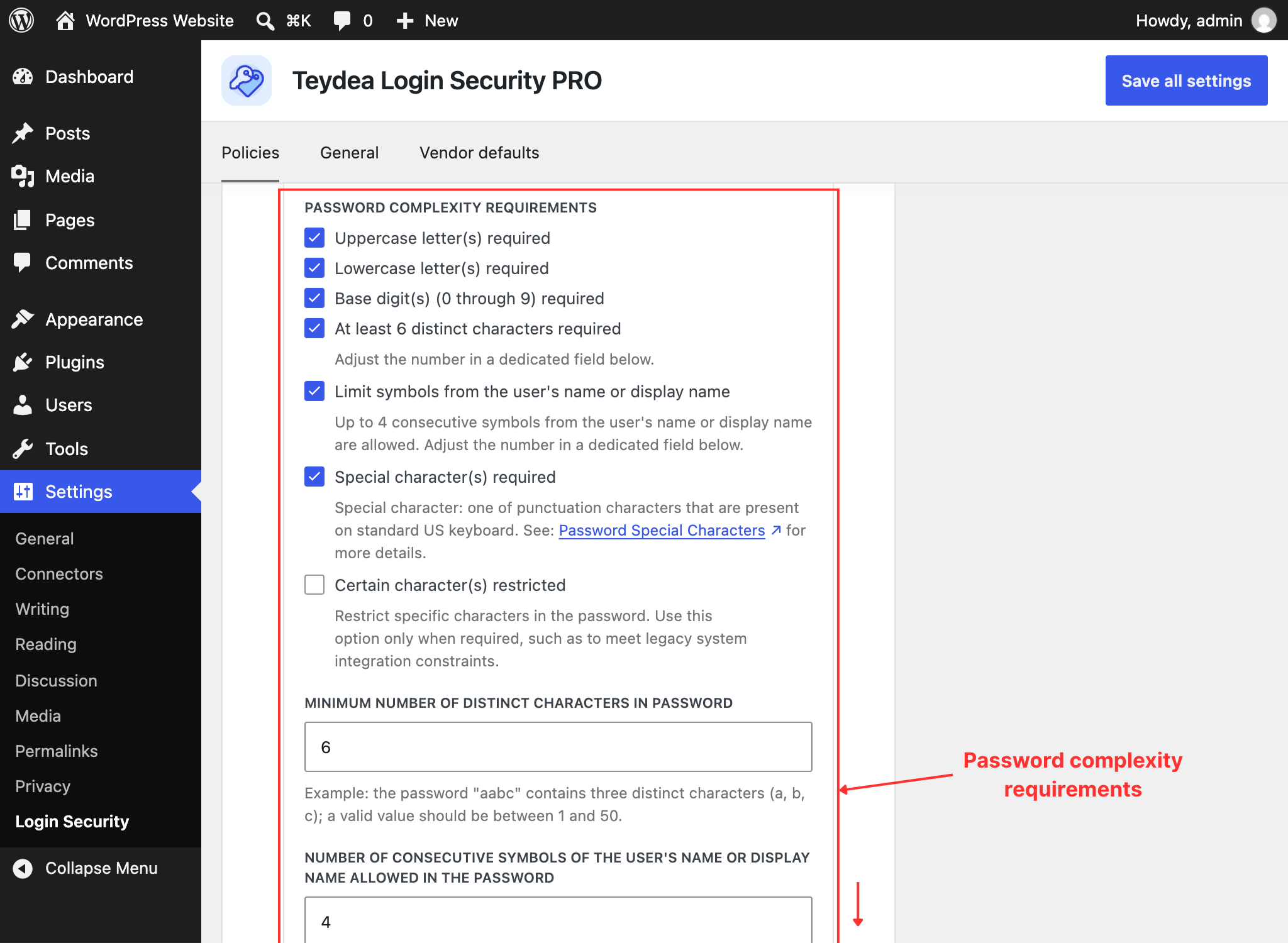 Complexity rules checkboxes