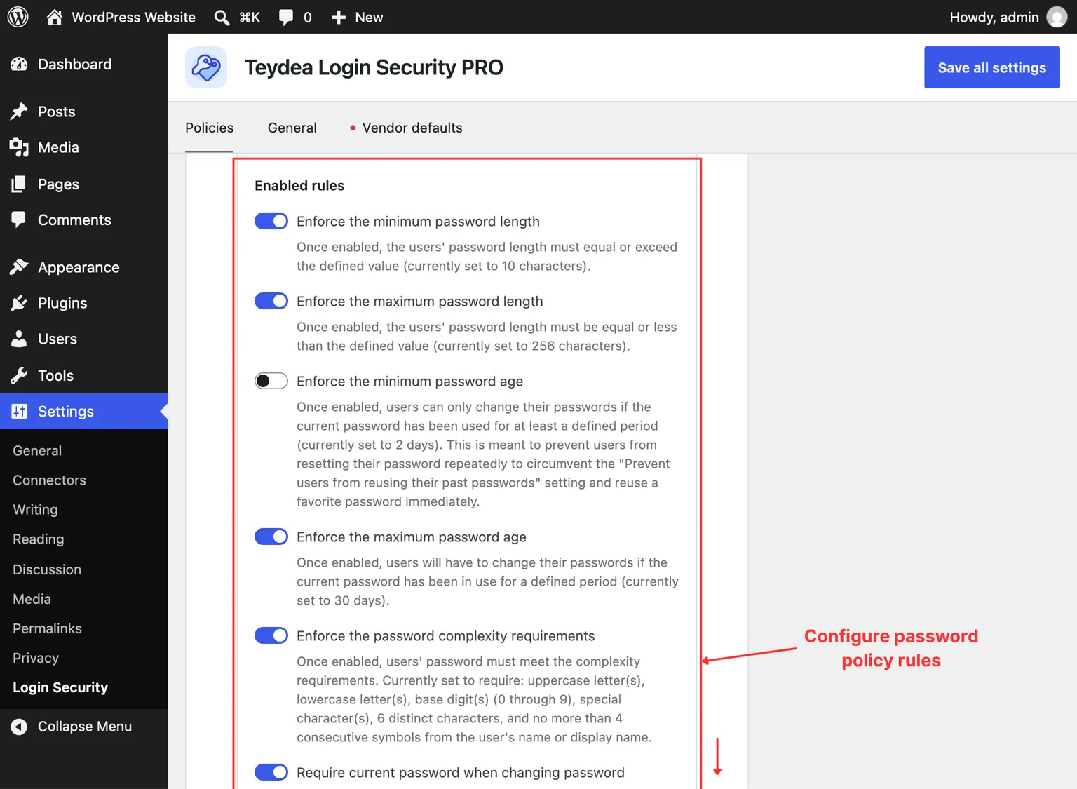 The Enabled rules section of a policy