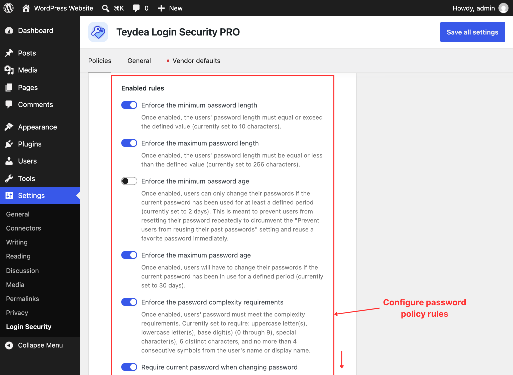 The Enabled rules section of a policy