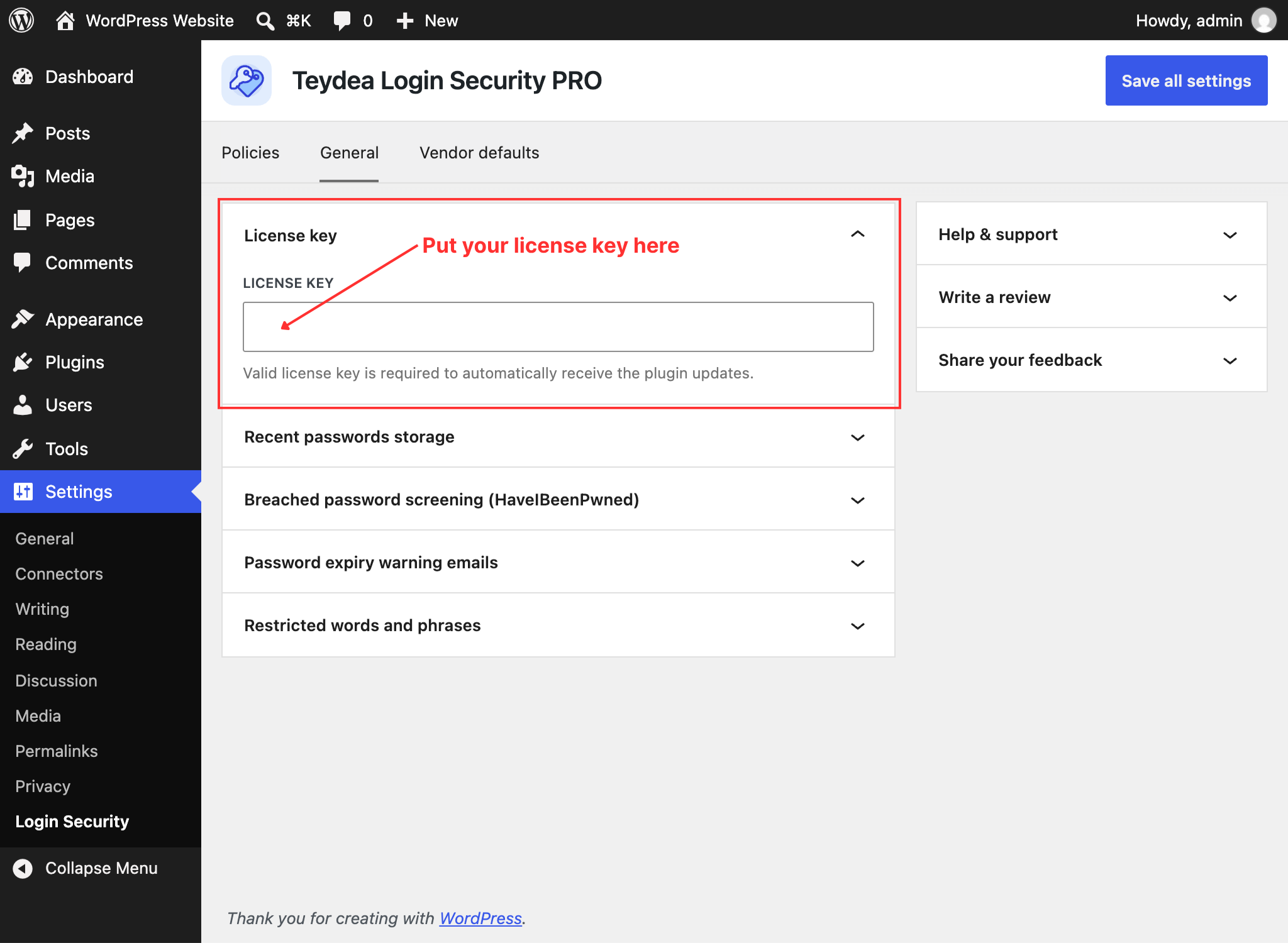 License key panel on the General tab