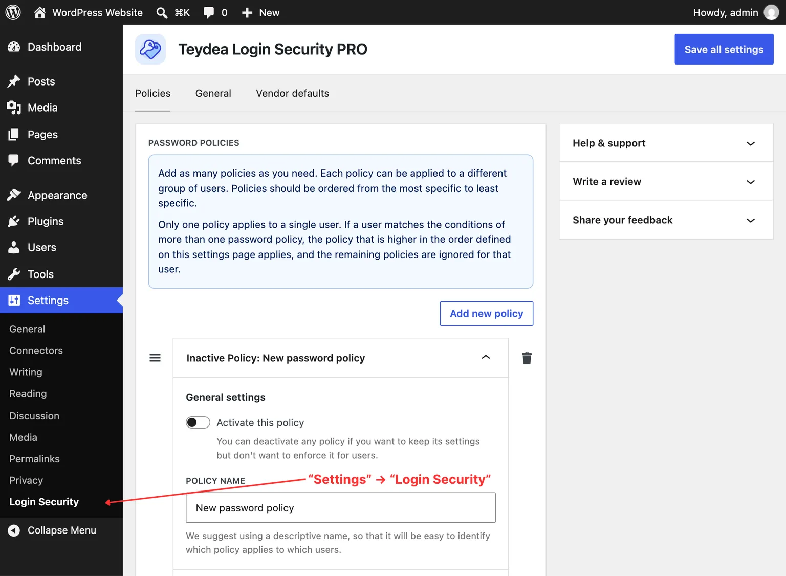 Settings page overview