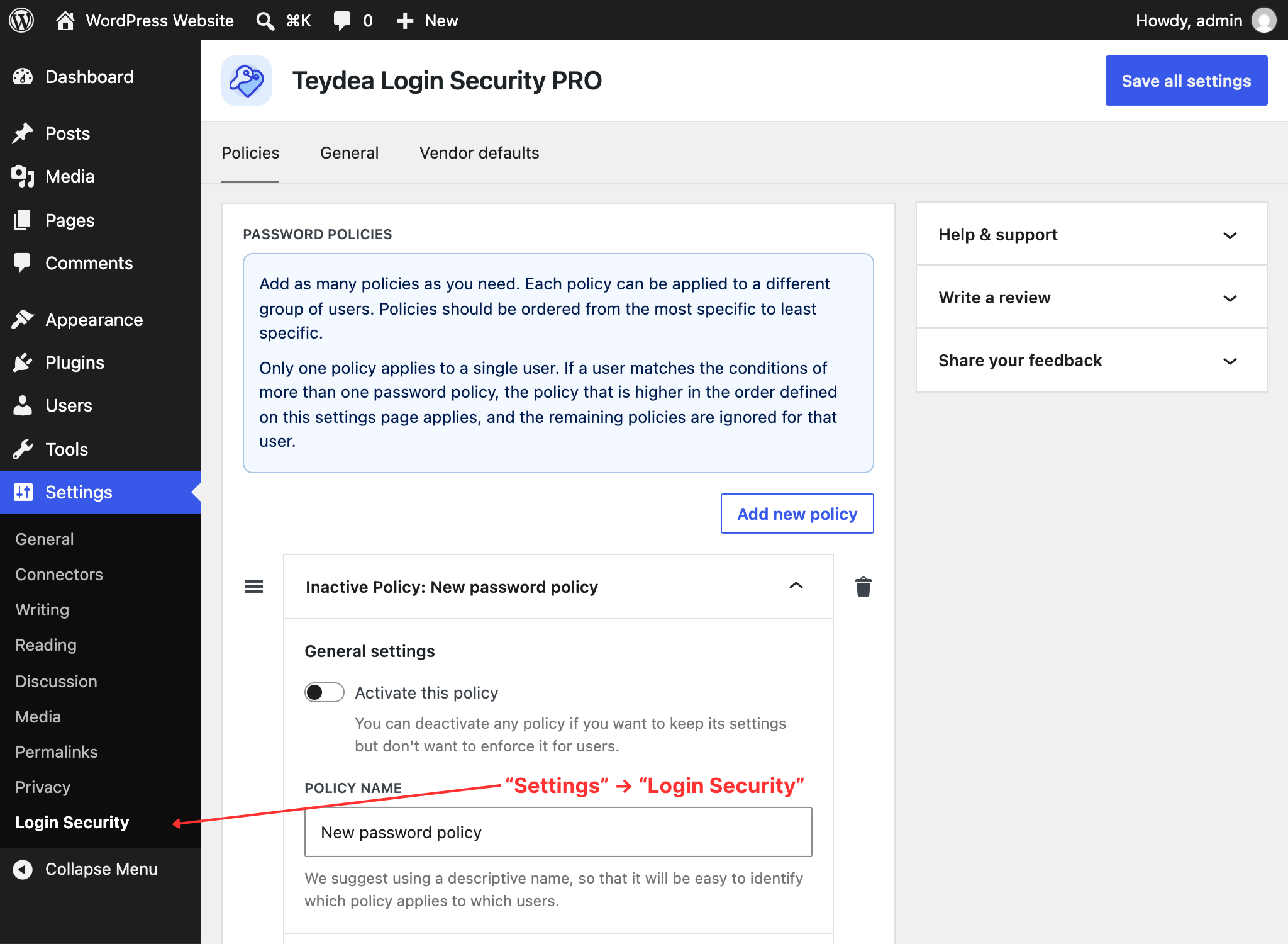 The Teydea Login Security settings page after activation
