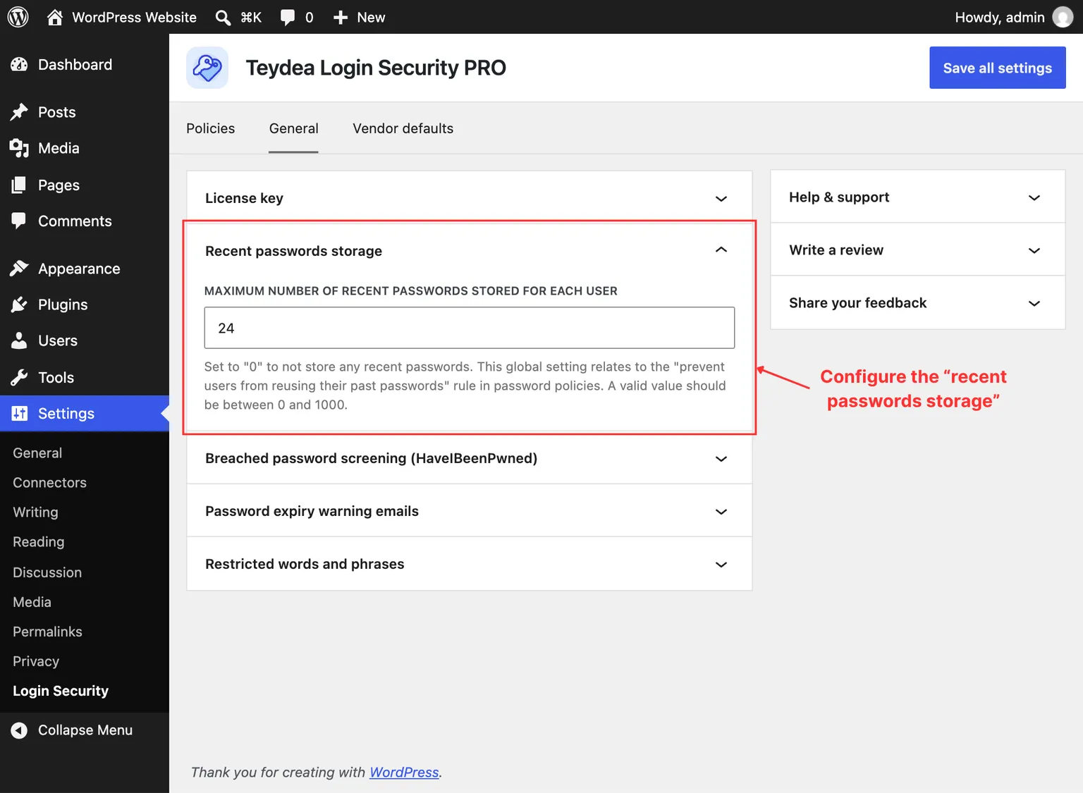 Recent passwords storage setting