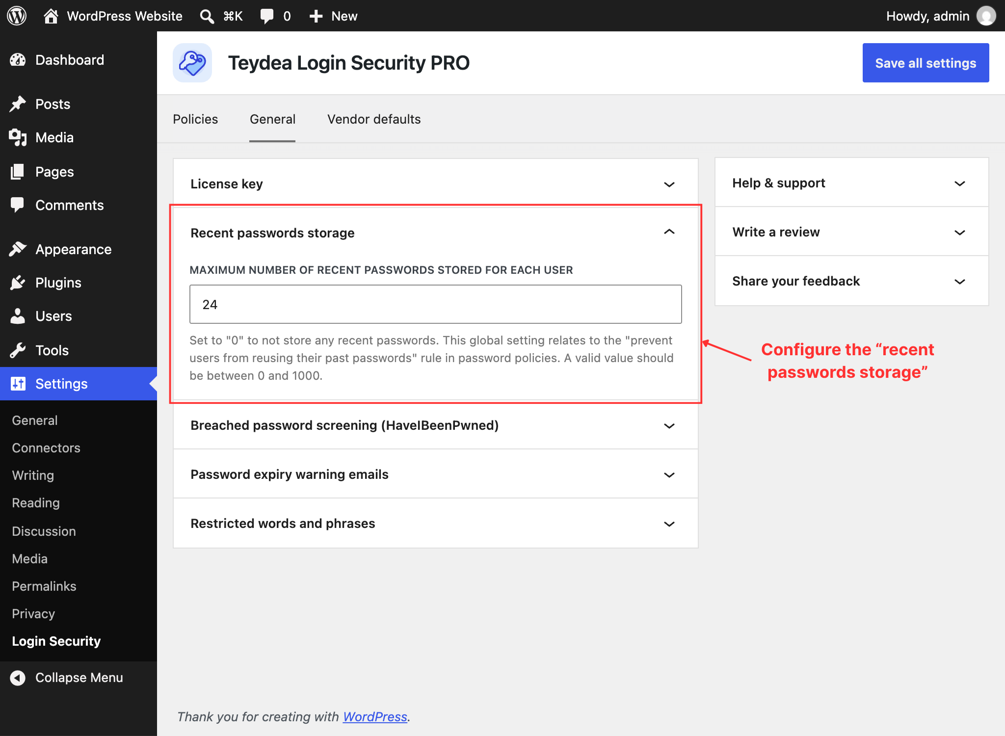 Recent passwords storage setting