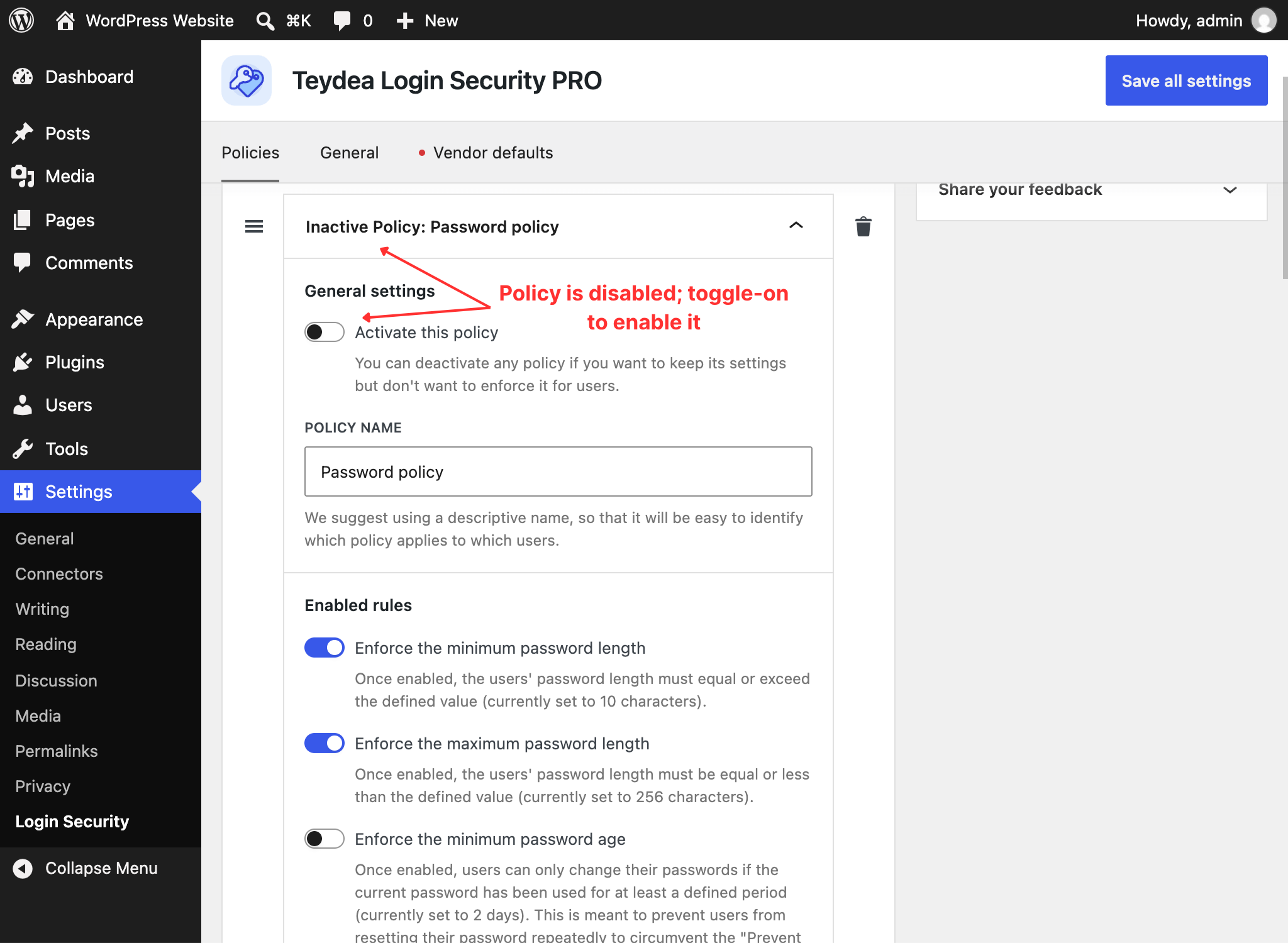 The policy activation toggle in General settings
