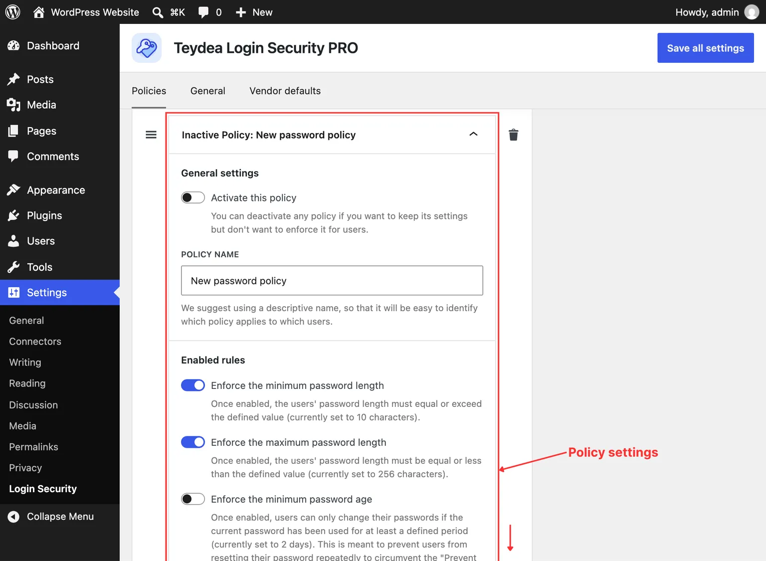 Password policy settings panel
