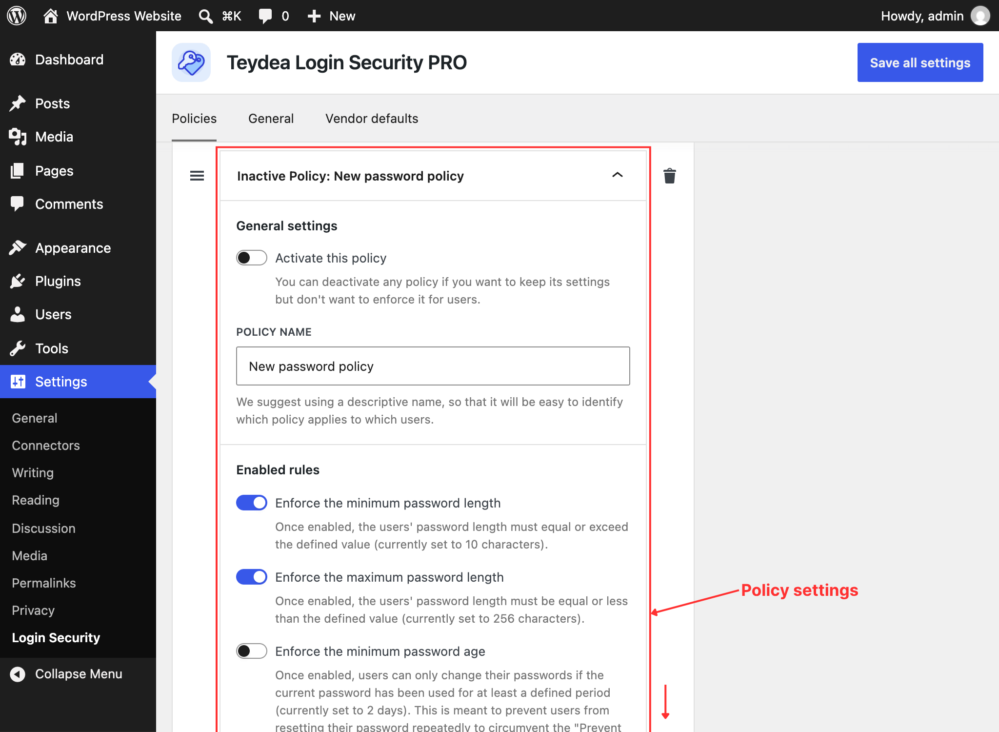 Password policy settings panel
