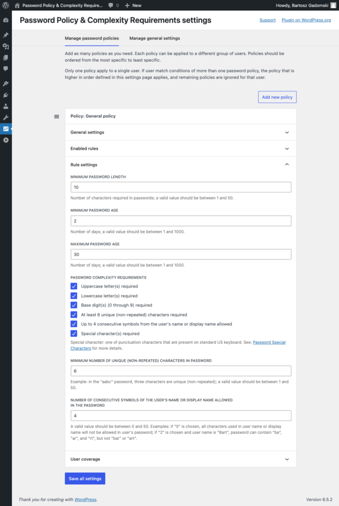 Screenshot of the Password Policy & Complexity Requirements WordPress plugin