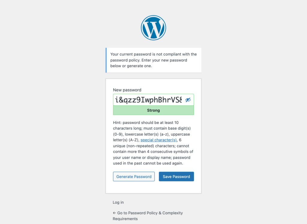 Screenshot of the Password Policy & Complexity Requirements WordPress plugin