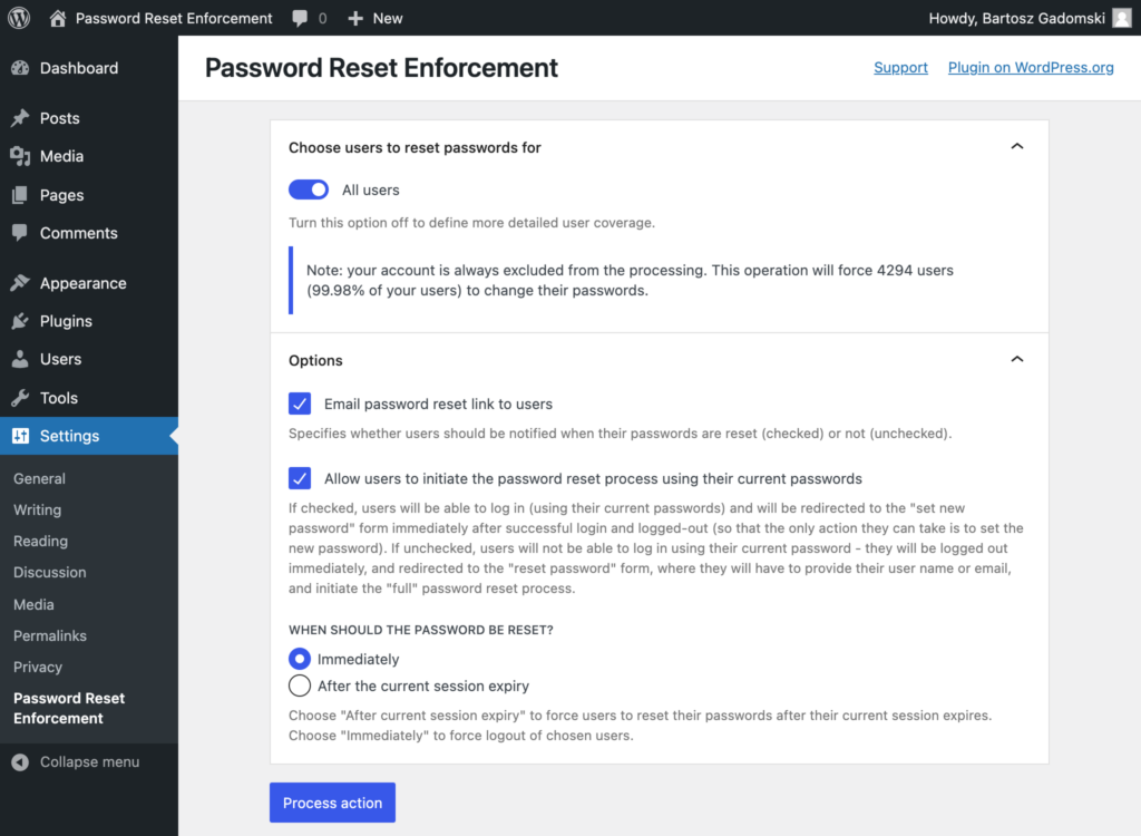 Screenshot of the Password Reset Enforcement WordPress plugin