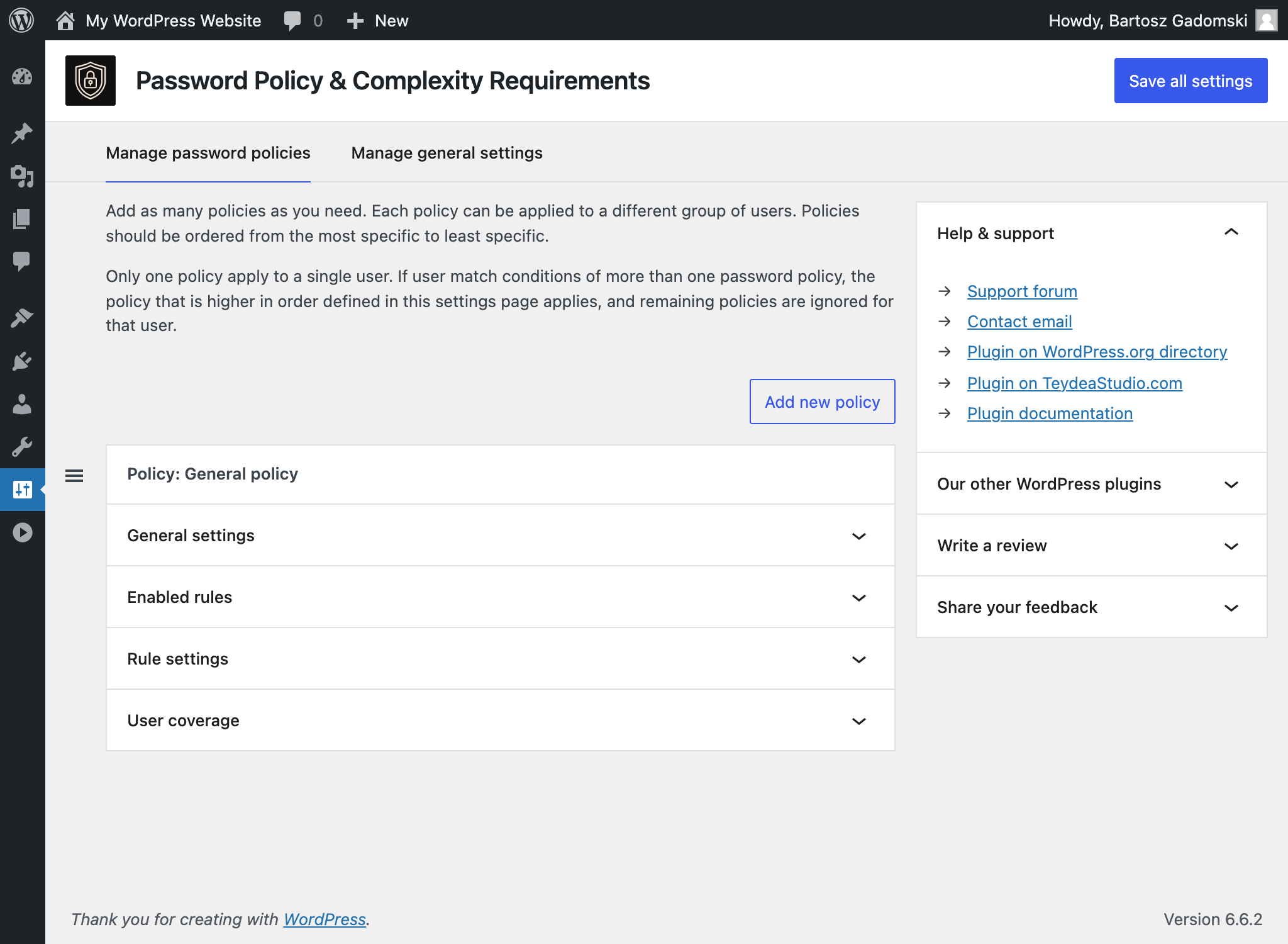 Screenshot of the Password Policy & Complexity Requirements WordPress plugin