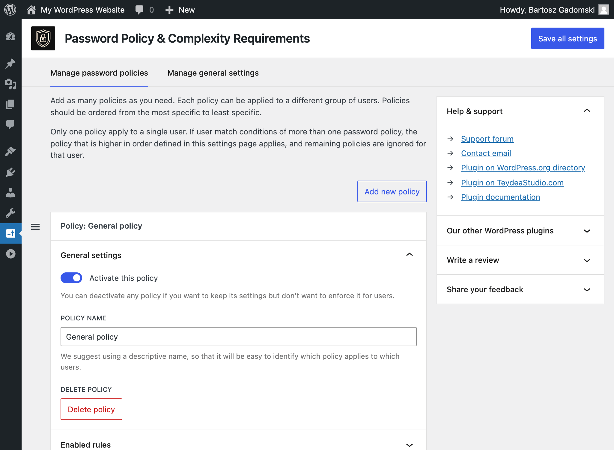 Screenshot of the Password Policy & Complexity Requirements WordPress plugin