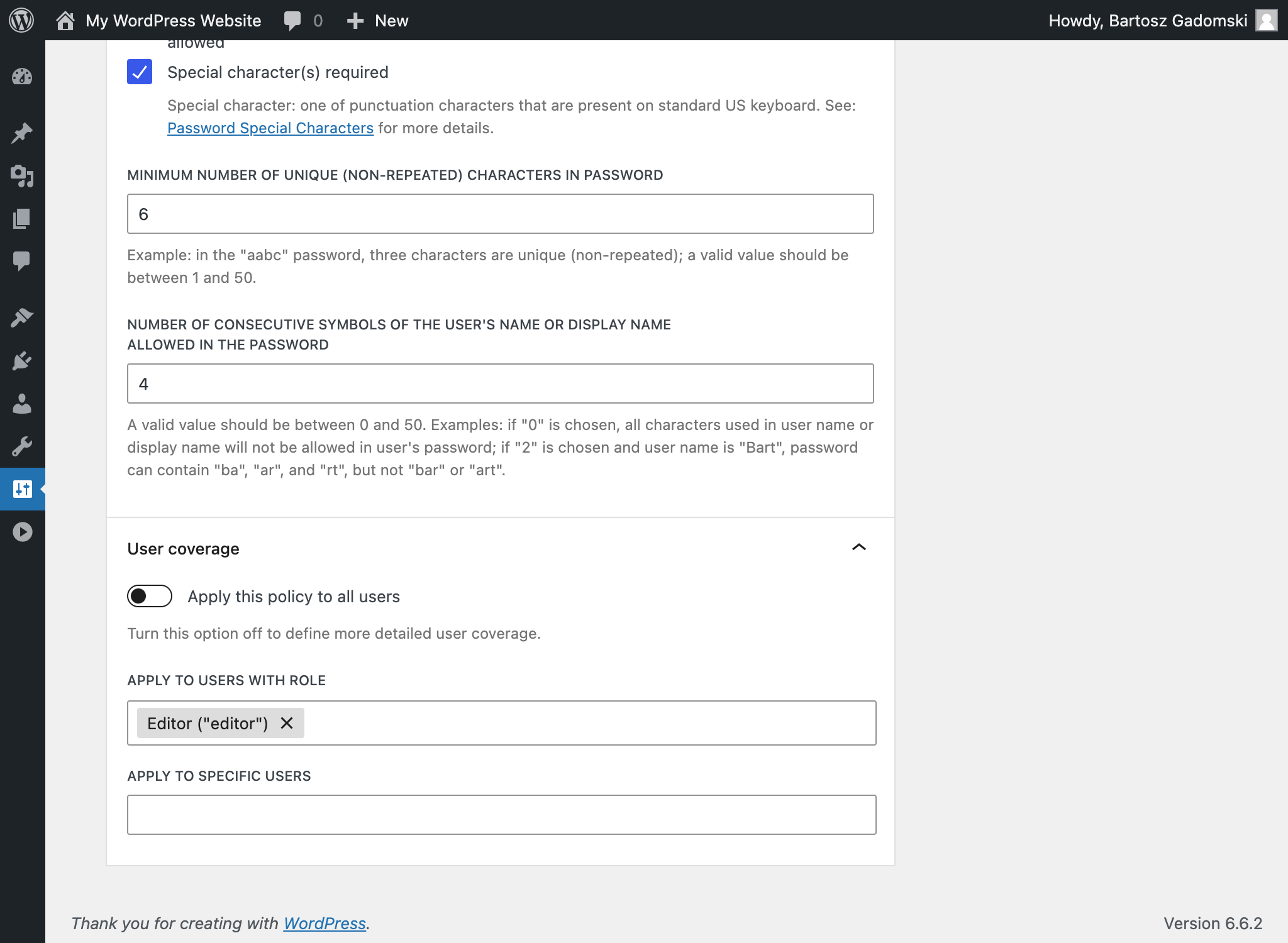 Screenshot of the Password Policy & Complexity Requirements WordPress plugin