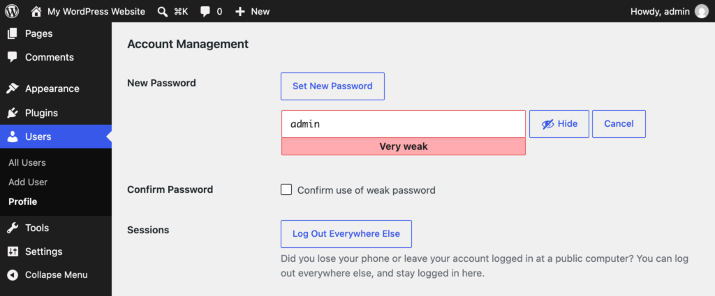 The "Confirm use of weak password" option is allowing users to set weak passwords regardless the password strength meter notice.
