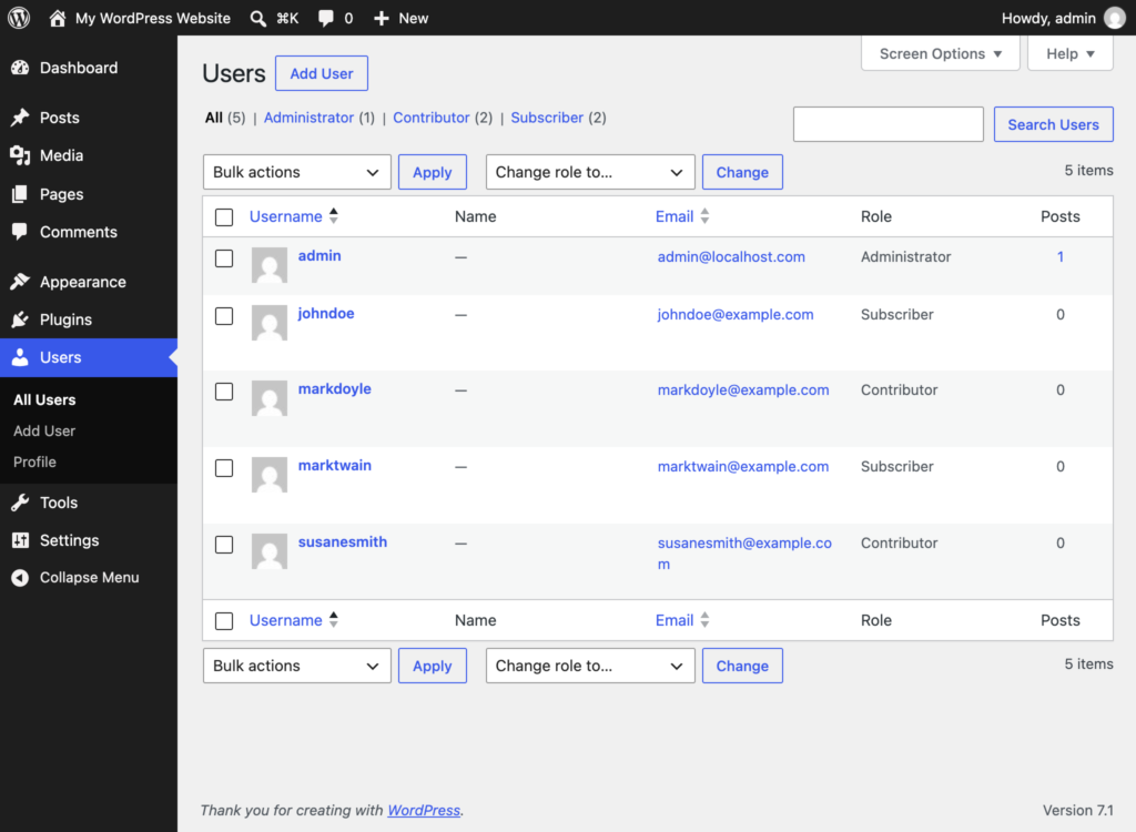 The image depicts the WordPress admin dashboard showcasing the user management interface, where multiple user accounts are listed along with options to manage user roles, edit profiles, and delete users. This interface allows administrators to easily manage users on their WordPress website, ensuring efficient user management and access control.