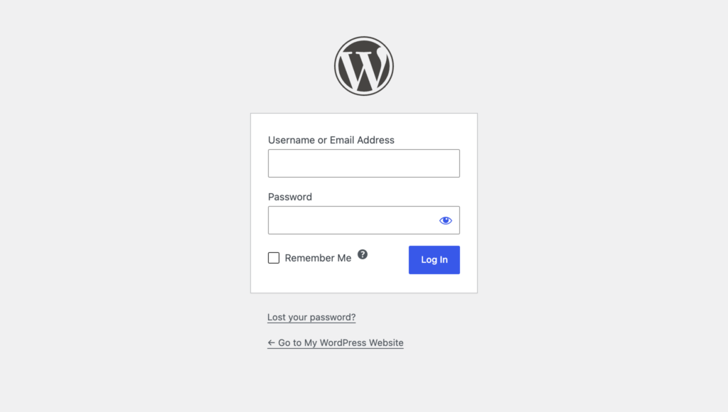 The image depicts the WordPress login screen featuring options for resetting your password, including a "lost your password" link and fields for entering your username or email address. Users can access the account management section to initiate the password reset process for their WordPress admin account.