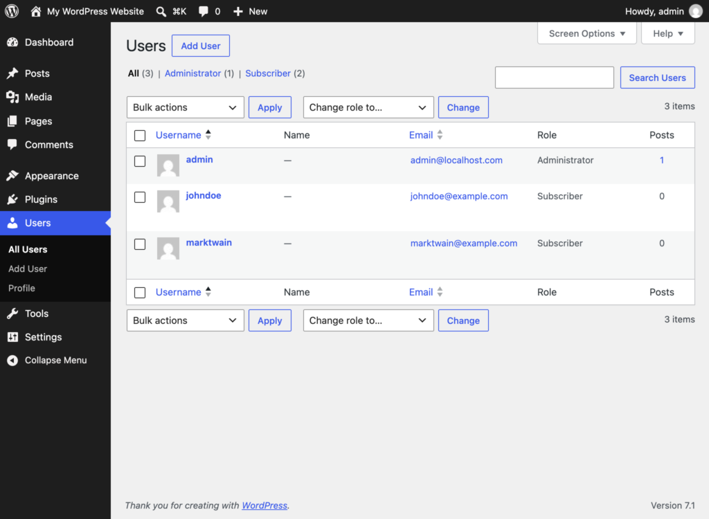 The image displays the WordPress dashboard, specifically the user management interface where administrators can manage user accounts. It features sections for resetting password and editing user details.