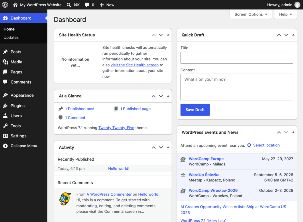 The image shows the WordPress admin dashboard after a successful login, displaying various sections such as posts, pages, and settings, allowing users to manage their WordPress site effectively. The interface is user-friendly, featuring a navigation menu on the left and a central area for content management.