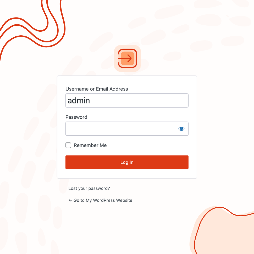 A WordPress login screen customized with Teydea Login Customizer: custom logo, orange "Log In" button, styled input fields, and a "Go to My WordPress Website" back link.
