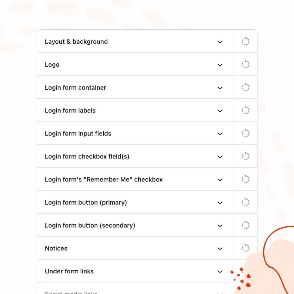 The plugin's design panel list with collapsible sections for layout and background, logo, form container, labels, input fields, checkboxes, buttons, notices, and links - each with its own reset control.
