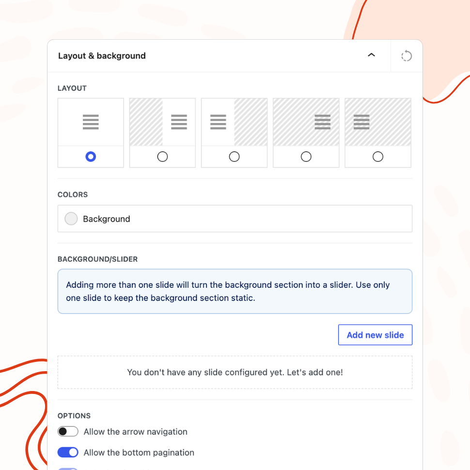 The "Layout & background" panel with five login form layout options, a background color picker, and background slider settings including arrow navigation and pagination toggles.