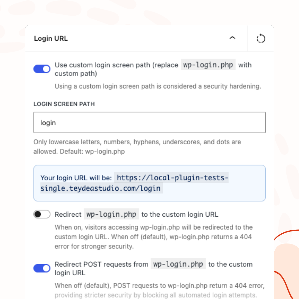 The "Login URL" panel with a custom login screen path set to "login", replacing wp-login.php, plus toggles controlling whether wp-login.php redirects or returns a 404 error.