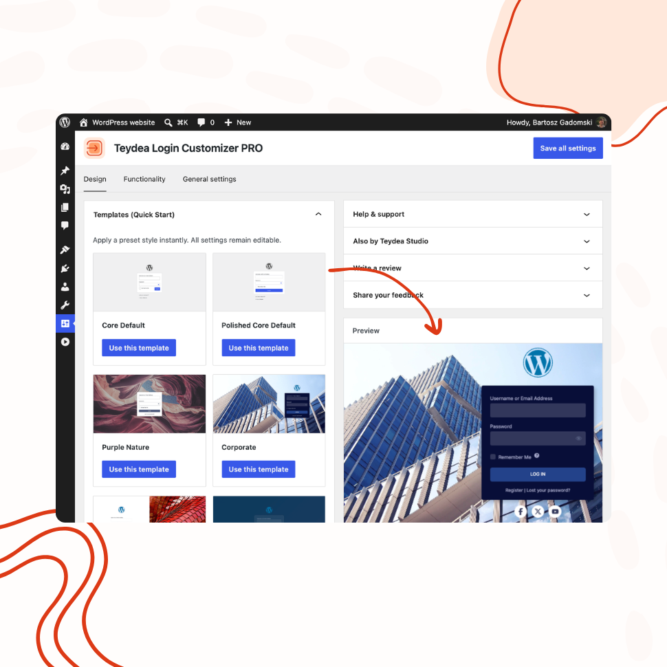 The Teydea Login Customizer PRO admin screen in WordPress, showing the Design tab with template options on the left and a live preview of the customized login screen on the right.