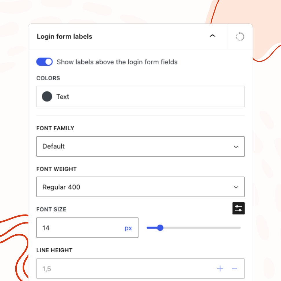 The "Login form labels" panel with controls for label visibility, text color, font family, font weight, font size in pixels, and line height.