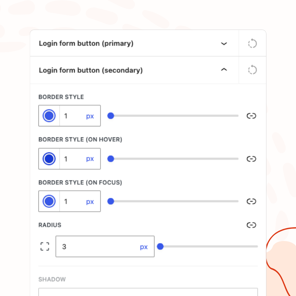 The "Login form button (secondary)" panel with border width sliders for default, hover, and focus states, plus corner radius and shadow controls.