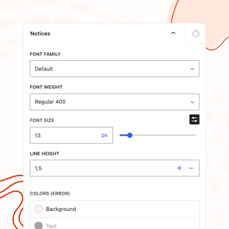 The "Notices" panel controlling how login messages look - font family, weight, size, line height, and separate background and text colors for error notices.
