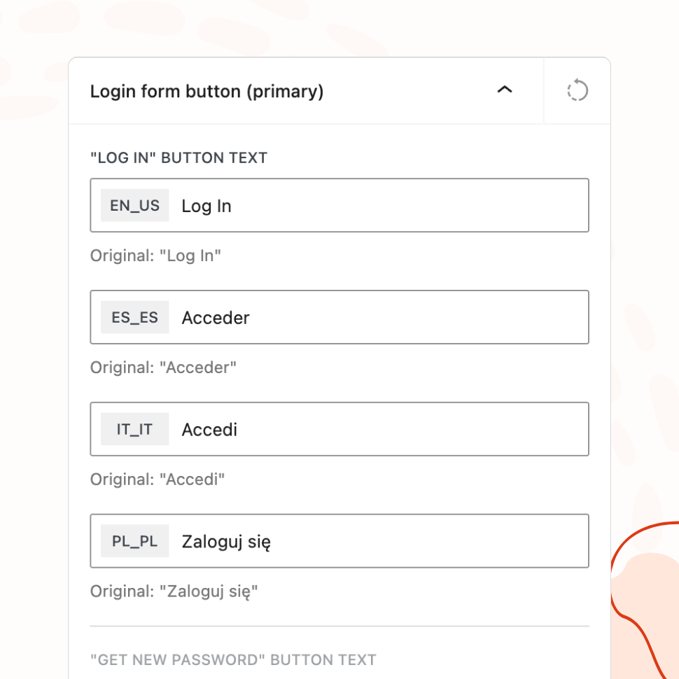 The primary login button panel showing editable "Log In" button text in four languages - English, Spanish, Italian, and Polish - each with its original string shown below.