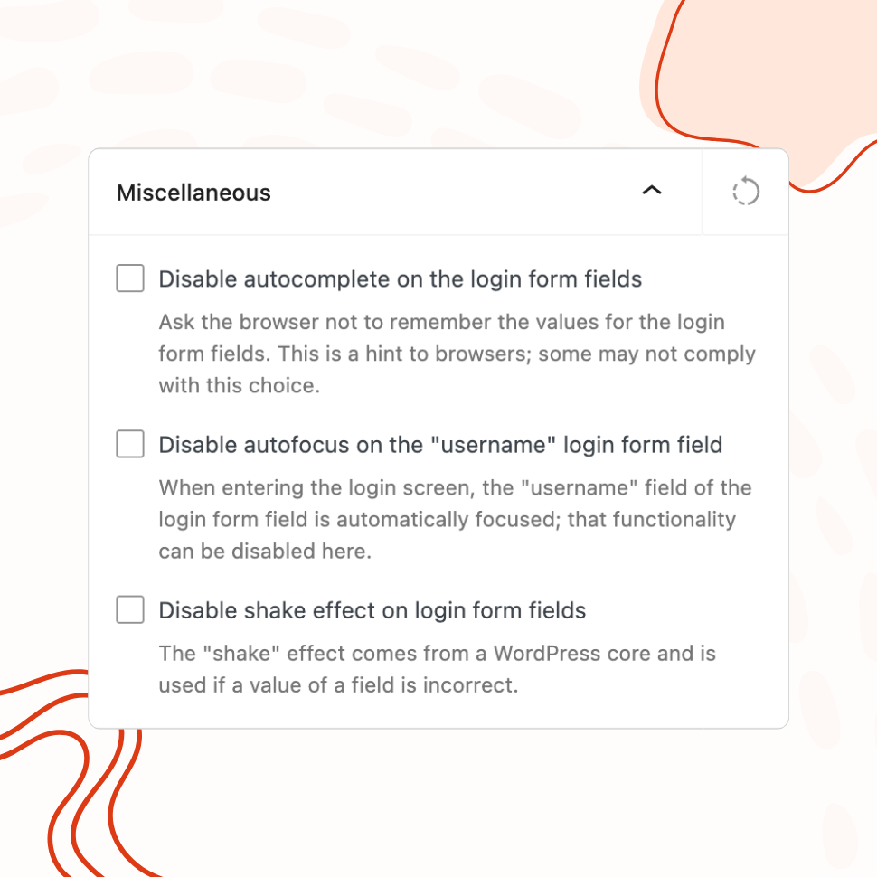 The "Miscellaneous" panel with checkboxes to disable autocomplete on login form fields, disable autofocus on the username field, and disable the WordPress shake effect on failed logins.